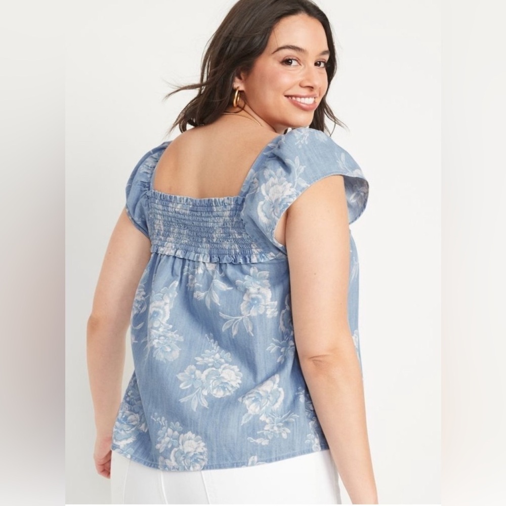 NEW Old Navy Blue Floral Boho Smocked Cotton Peasant Blouse - Size L